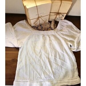 Nautica Women Size XS White Cotton Square Neck Elastic Boho Peasant Top Gauzy